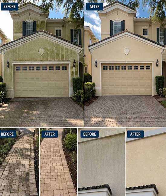 Pressure washing Orlando FL — Case Study 01 Celebration FL: before and after HOA violation cleanup showing algae removed from stucco exterior, driveway pressure cleaned and paver walkway restored