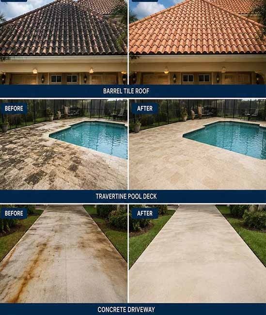 Pressure washing Orlando FL — Case Study 02 Windermere Butler Chain of Lakes: before and after barrel tile roof soft wash, travertine pool deck cleaning and concrete driveway rust stain removal