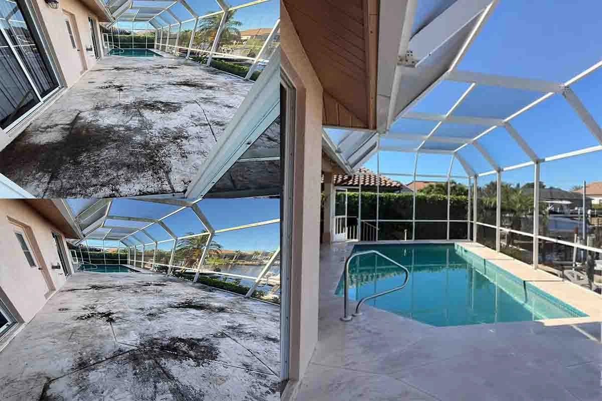 Pool deck pressure washing Orlando — rotary surface cleaner on concrete pool deck