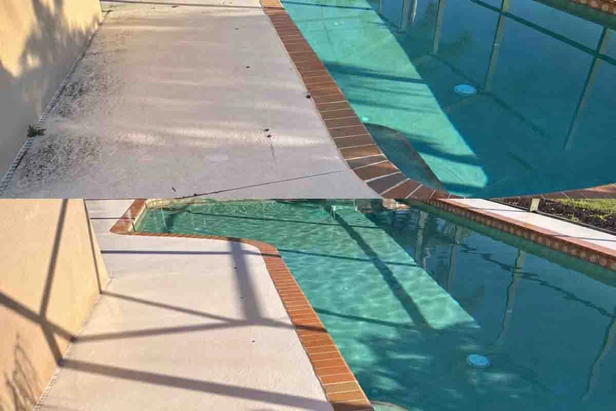 Pool surround cleaning Orlando FL — before and after pool deck cleaning service showing algae, rust and calcium removal in Orange County