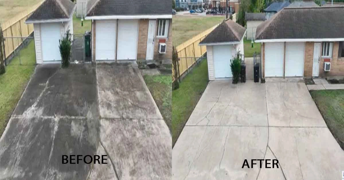 Driveway power washing Orlando FL — rotary surface cleaner removing green algae and mold from concrete driveway in Central Florida with biodegradable pre-treatment