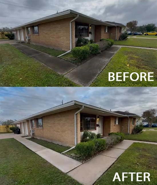 Residential driveway pressure washing Orlando FL — before and after showing algae, oil and rust removal in Dr. Phillips, Baldwin Park and Lake Nona